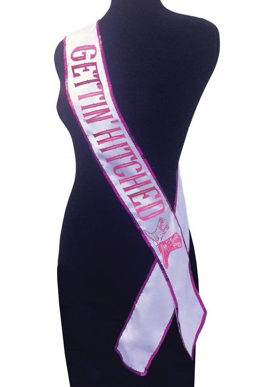 Gettin Hitched Bride Party Sash Glitter White/Pink