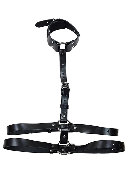 Rouge Female Leather Adjustable Body Harness with Choker - Black