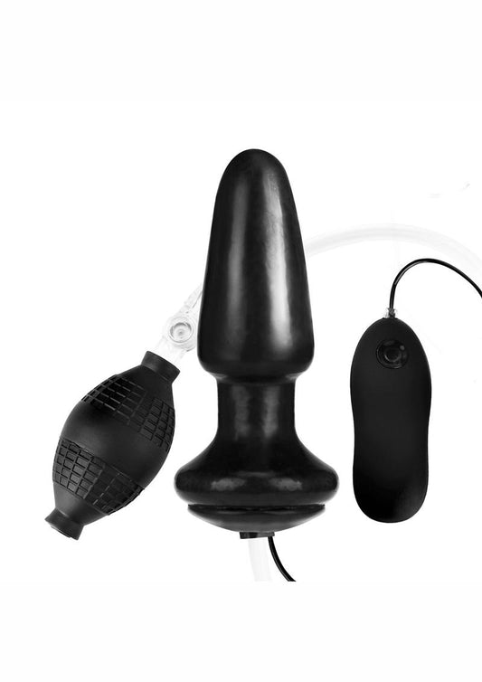 Lux Fetish Latex Inflatable Vibrating Butt Plug with Wired Remote Control 4in - Black