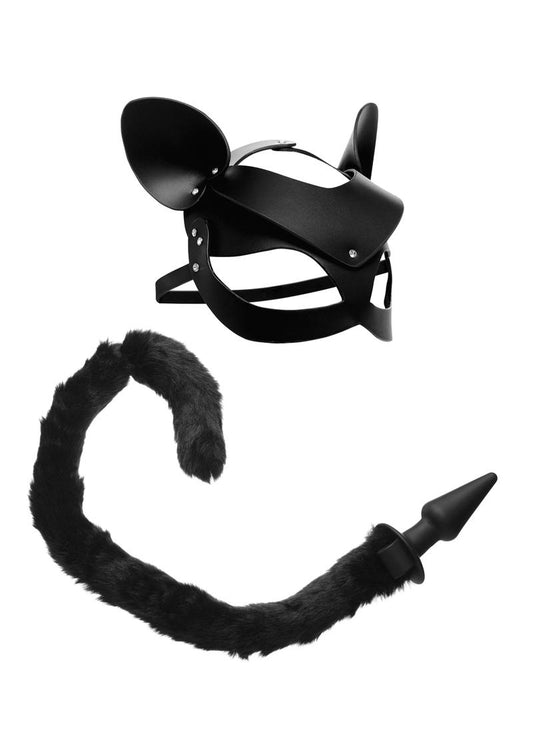 Tailz Black Cat Tail Anal Plug and Mask Set - Black