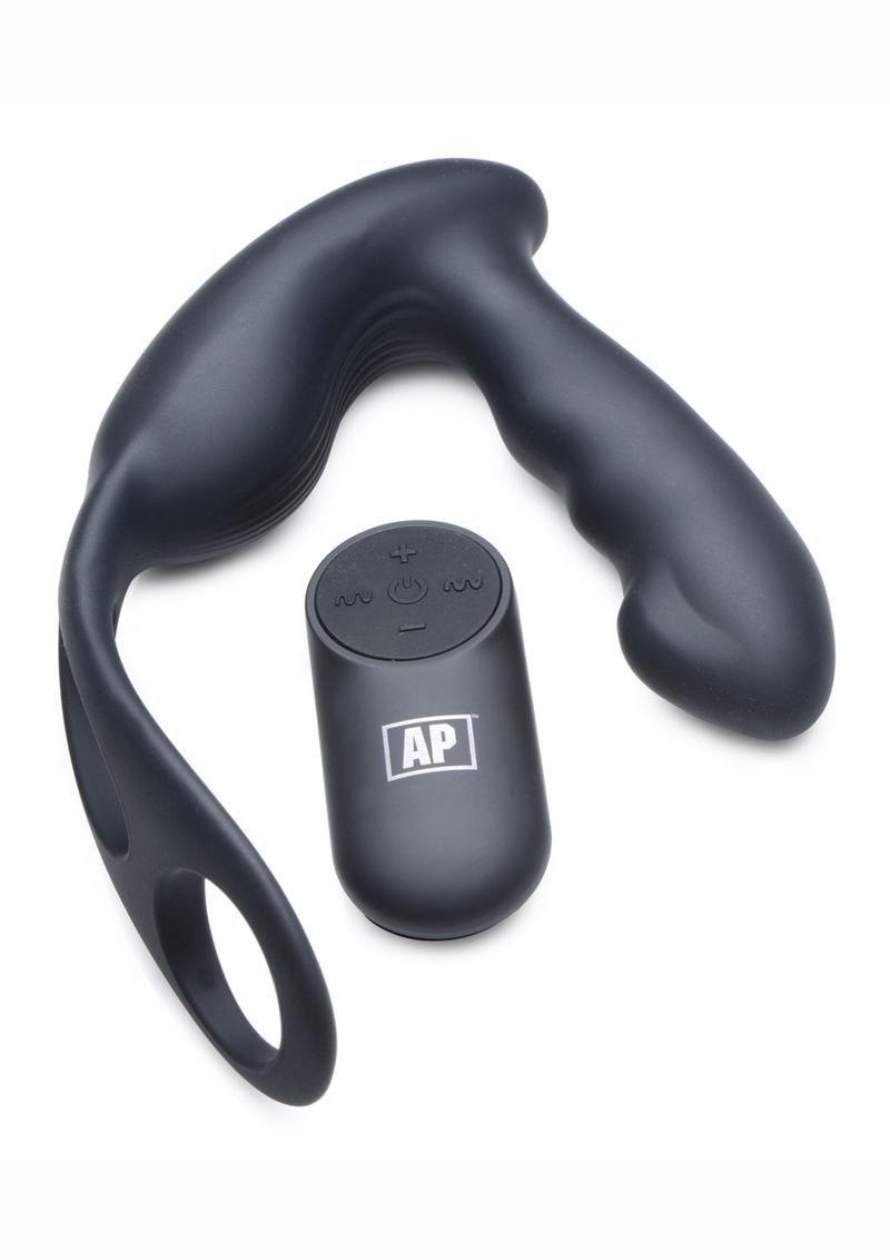 Alpha Pro 7X P-Strap Milker Silicone Rechargeable Vibrating Prostate Plug with Milking Bead, Cock and Ball Ring and Remote Control - Black