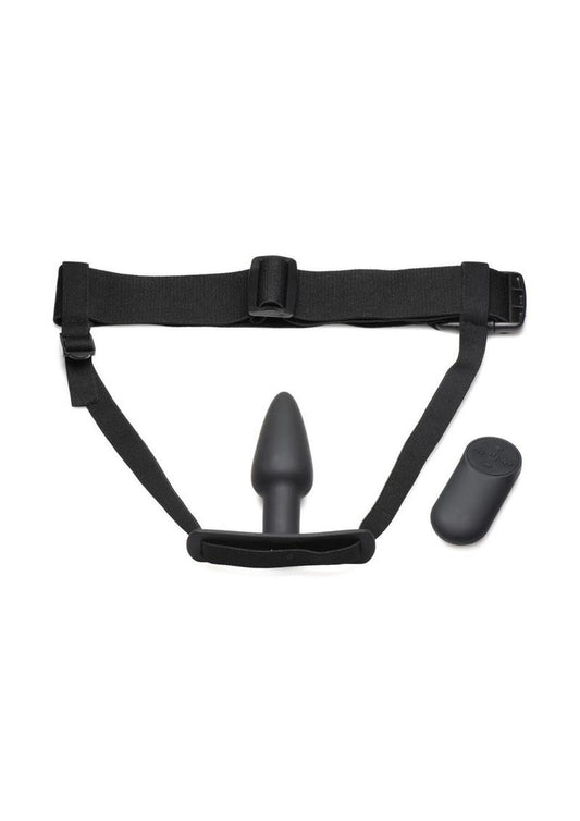 Master Series Bum-Tastic 28X Rechargeable Silicone Anal Plug with Harness and Remote Control - Black