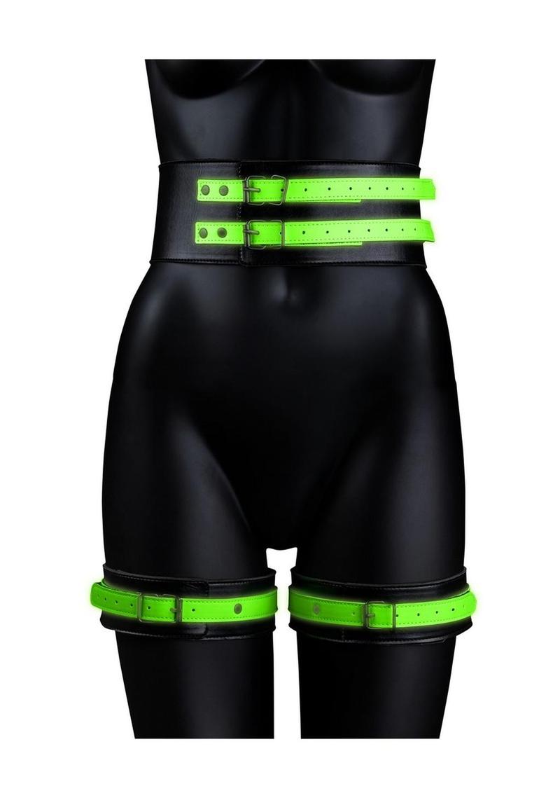 Ouch! Thigh Cuffs with Belt and Handcuffs Glow in the Dark - Large/XLarge - Green